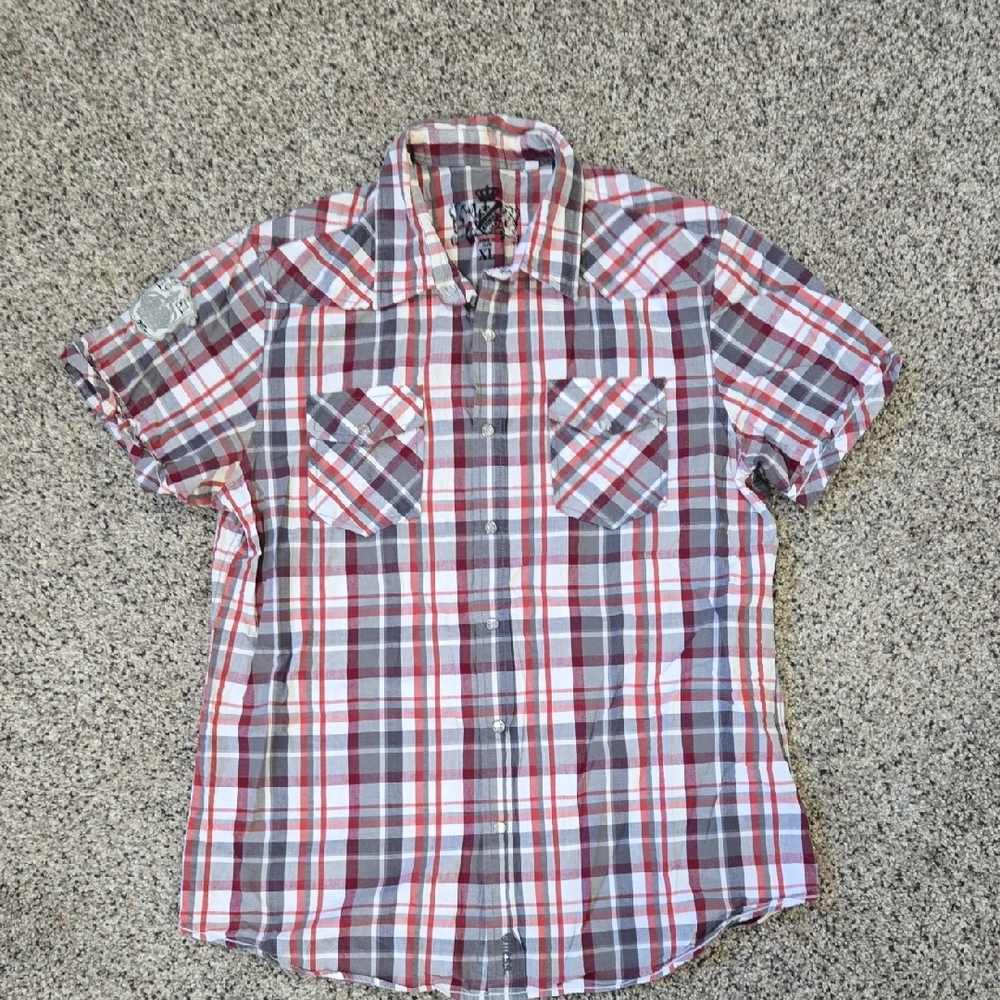 Guess Red and Gray Plaid Button Down Shirt